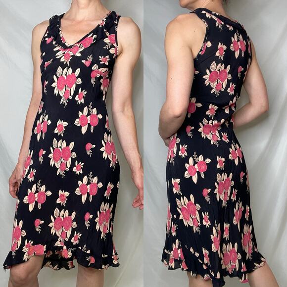 Vintage Y2K abstract rose floral print bias cut ruffle dress black pink Angie S - Picture 14 of 16